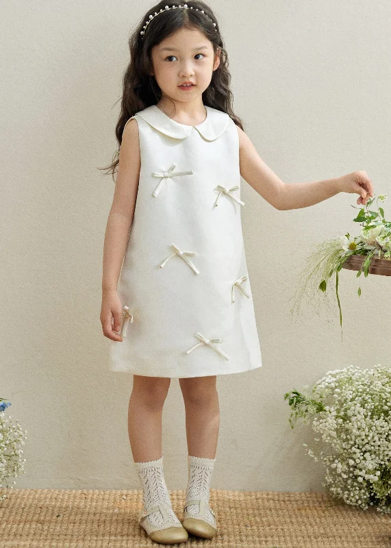 Deal of the Day Brief White Peter Pan Collar Bow Kids Long Dresses Sleeveless QV003