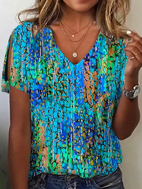 Price Rollback Cotton V Neck Casual Geometric T-Shirt  QH69