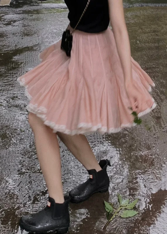 Super Sale Art Pink Lace High Waist Cotton Pleated Skirt Summer QV053