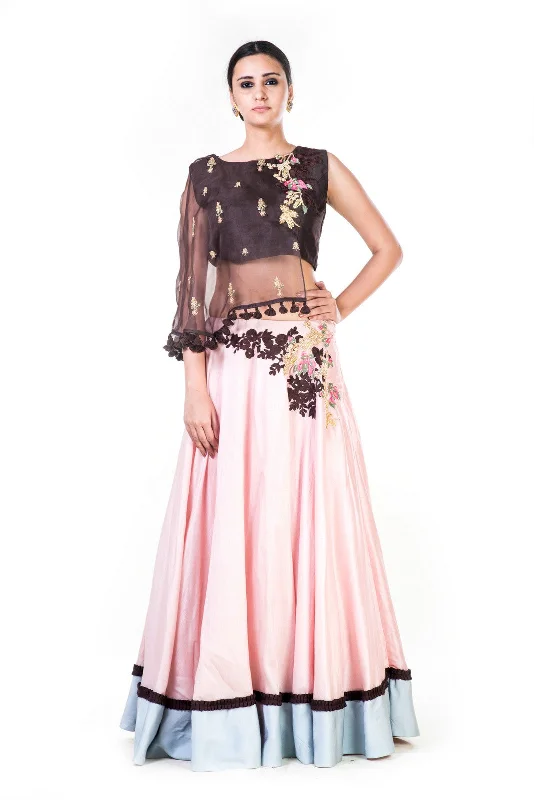 Early Access Hand Embroidered Brown & Blush Pink Asymmetrical Cape Lehenga