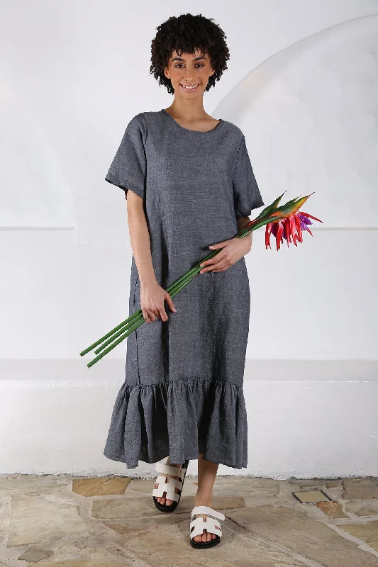 While Supplies Last Martha's Vineyard Frill Dress Grey in Cotton/Linen