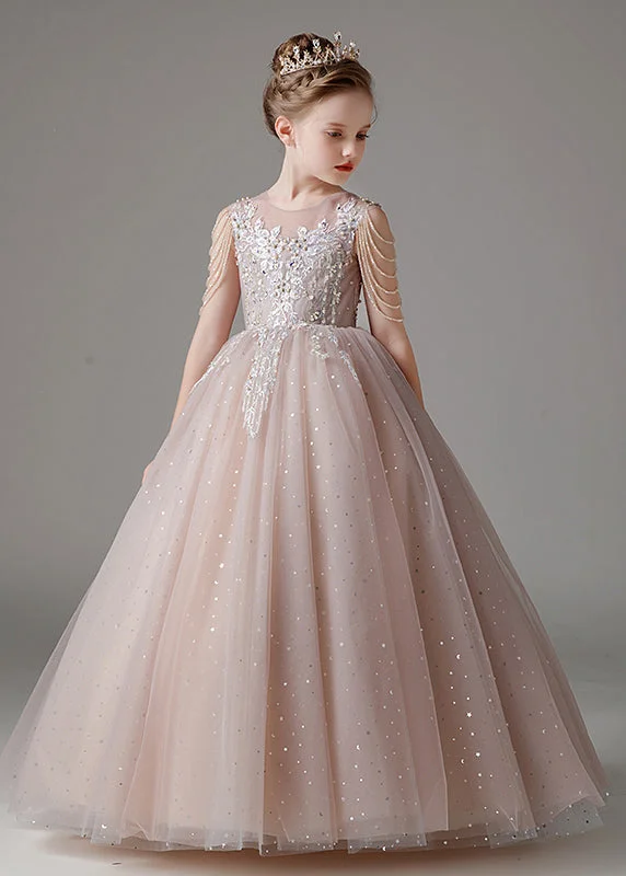 Weekend Flash Sale Classy Pink O-Neck Sequins Patchwork Tulle Kids Long Dress Sleeveless QV009 Weekend Flash Sale Classy Pink O-Neck Sequins Patchwork Tulle Kids Long Dress Sleeveless QV009
