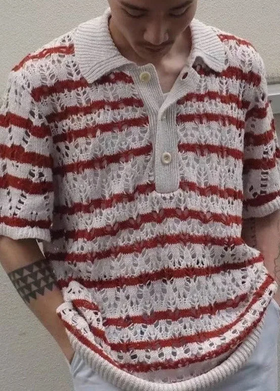 Closeout Unique Red Striped Hollow Out Knit Polo Shirts Summer QH005