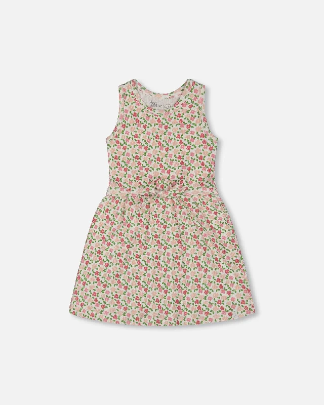 Closeout Printed Ribbed Dress With Waist Tie Small Flowers On White Background
