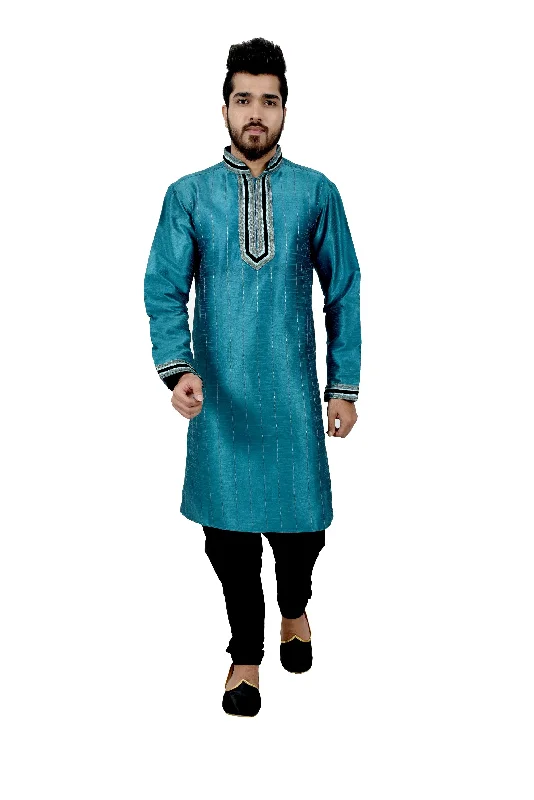 Act Now Indian Traditional Silk Peacock Blue Kurta Pajama for Men