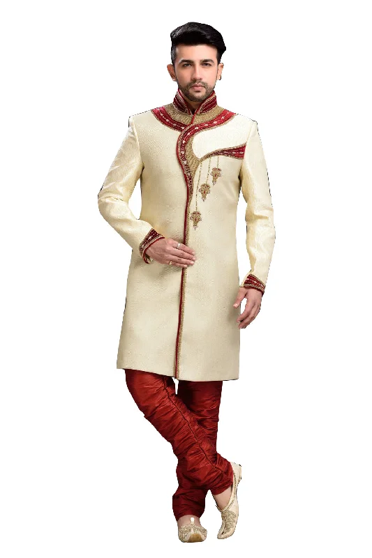 Great Bargains Ethnic Cream Jacquard And Jute Silk Indian Wedding Sherwani For Men
