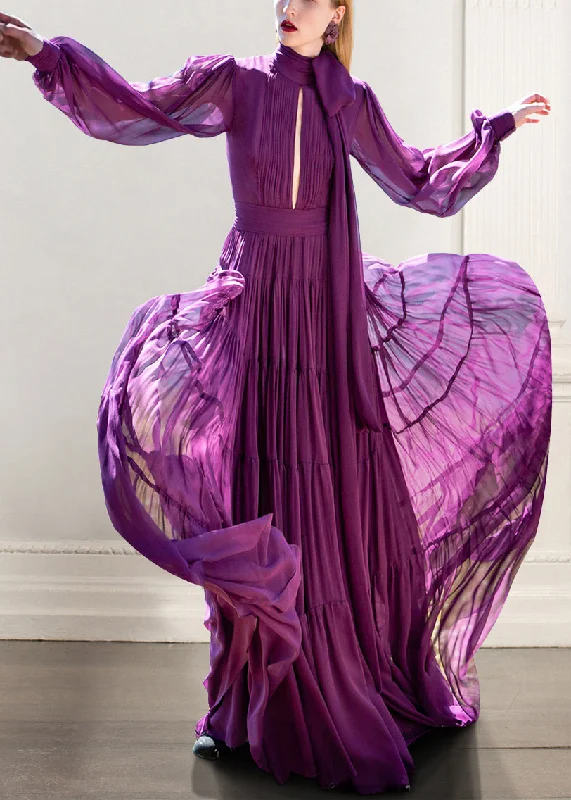 Buy Now Boho Purple Bow Wrinkled Hollow Out Chiffon Ankle Dress Fall QR041