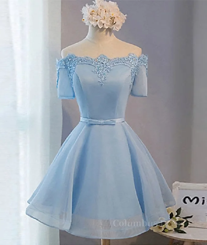 Overstock Sale Blue Short Sleeves Lace-up Organza Bow Corset Prom Dresses, Corset Homecoming Dresses outfit Overstock Sale Blue Short Sleeves Lace-up Organza Bow Corset Prom Dresses, Corset Homecoming Dresses outfit