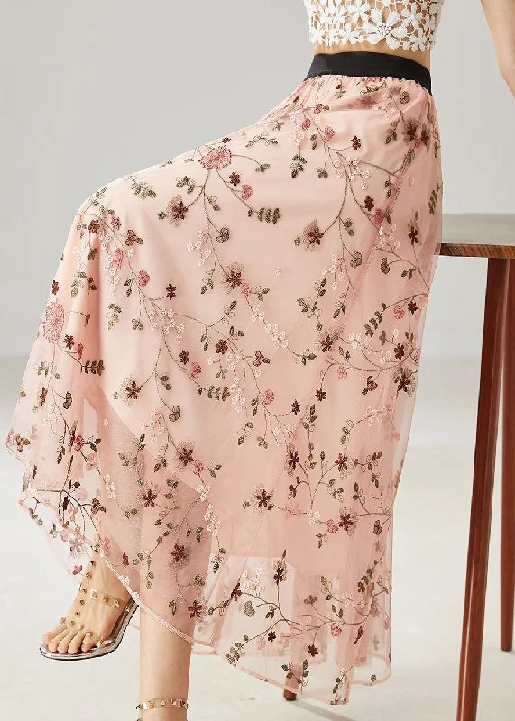 Discount Mania Pink Tulle A Line Skirts Embroidered Summer AZ1036