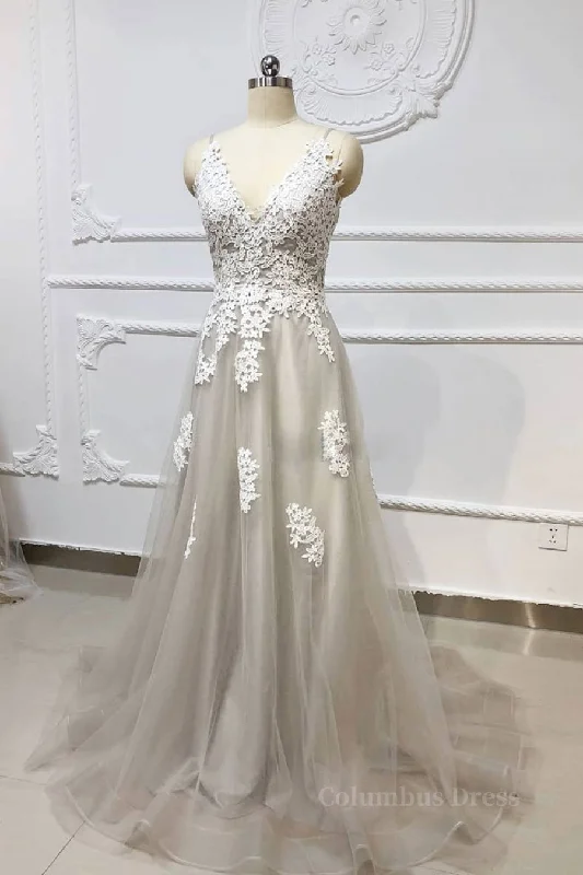 Price Reduction Gray A Line V Neck Lace Appliques Tulle Long Corset Prom Dresses, Lace Gray Corset Formal Dresses, Evening Dresses 2024 outfit Price Reduction Gray A Line V Neck Lace Appliques Tulle Long Corset Prom Dresses, Lace Gray Corset Formal Dresses, Evening Dresses 2024 outfit