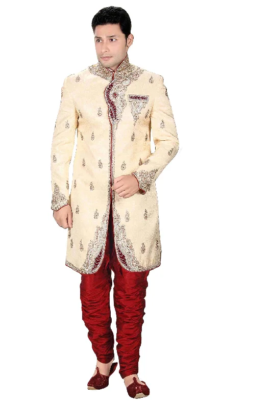 Quick Sale Classy Cream Brocade Silk Indian Wedding Sherwani For Men
