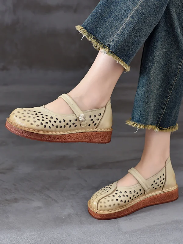 One-DAY Sale Women Summer Leather Solid Cutout Leather Flat Shoes OO1018