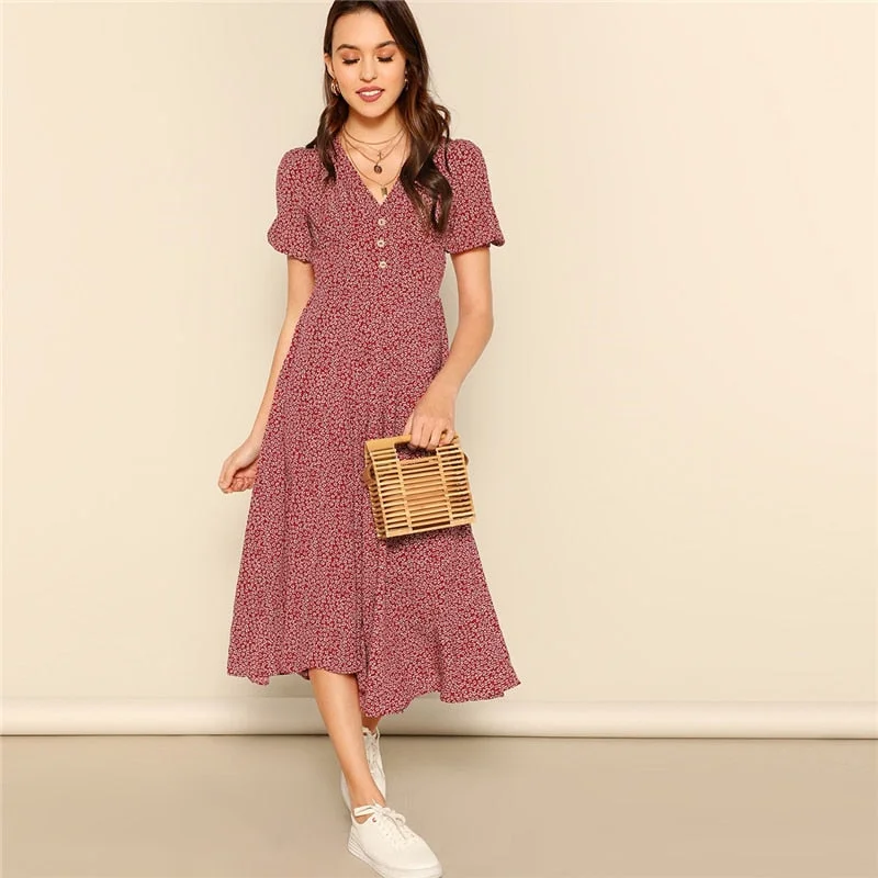 Special Promotion Women's Summer A-Line Short-Sleeved V-Neck Long Dress
