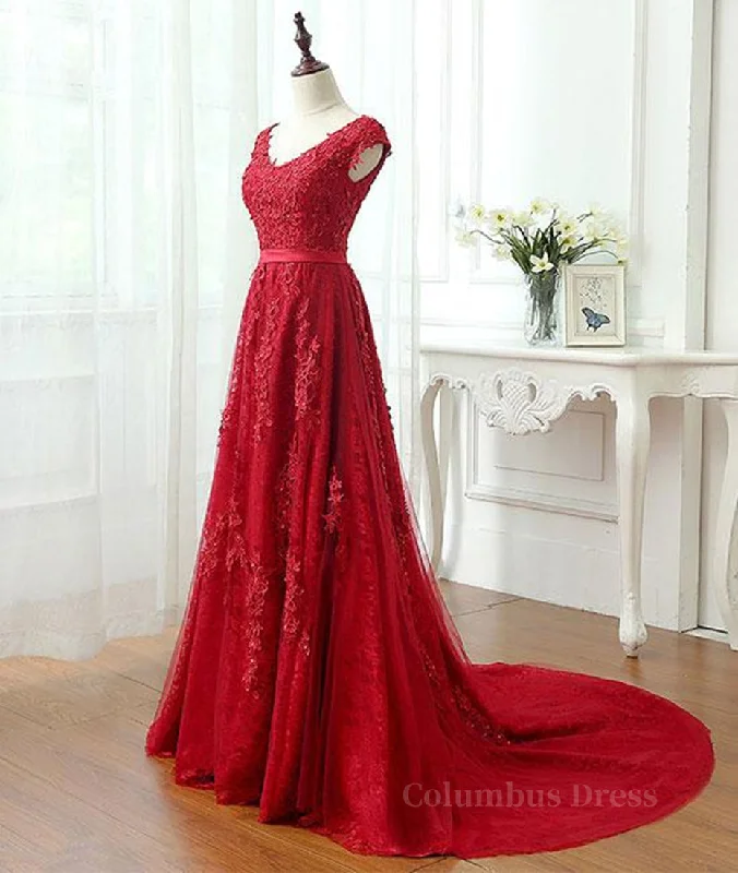 Closeout A Line Cap Sleeves Burgundy Lace Long Corset Prom Dress with Appliques, Burgundy Corset Formal Dress, Burgundy Evening Dress outfit Closeout A Line Cap Sleeves Burgundy Lace Long Corset Prom Dress with Appliques, Burgundy Corset Formal Dress, Burgundy Evening Dress outfit