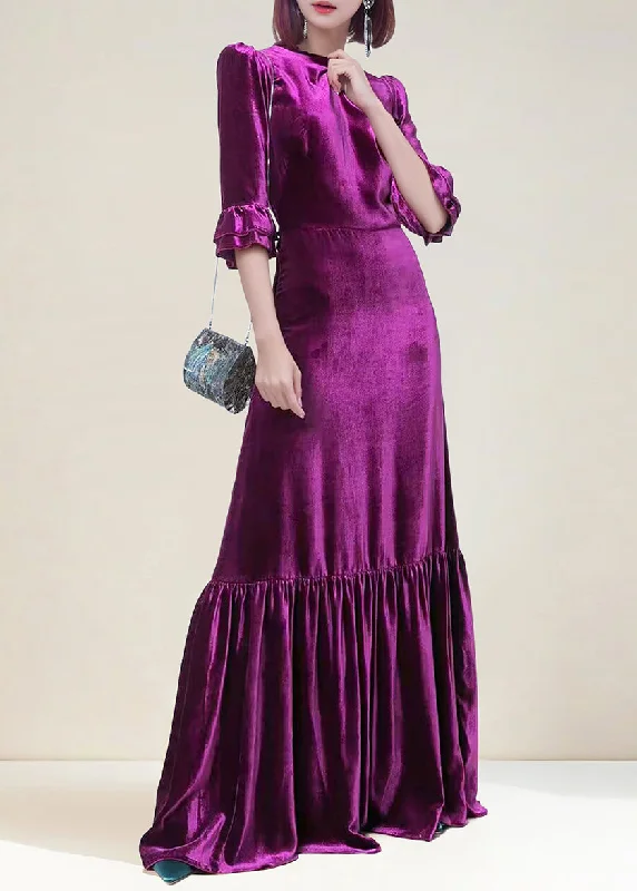 Daily Deals Italian Purple Zippered Wrinkled Velour Long Dress Butterfly Sleeve AM1036
