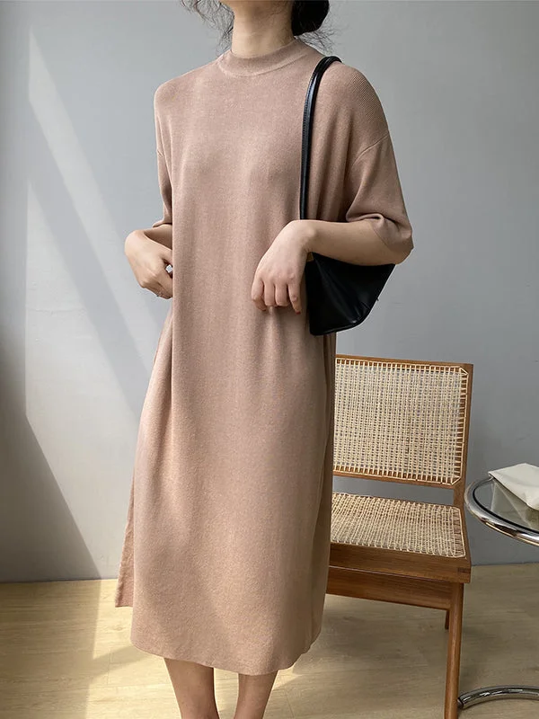 Flash Deals Temperament Round-neck Mauve Split-Joint Short Sleeve Sweater Dress AN1057