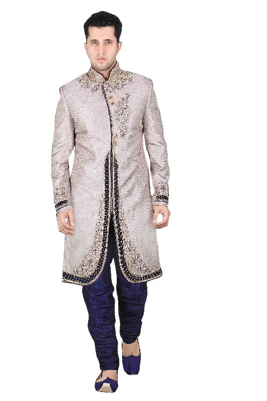 Special Price Traditional Silver Color Brocade Silk Indian Wedding Sherwani For Men