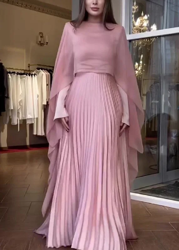 Hurry In Autumn New Pink Pleated Long Sleeved Dress Shawl Set WO060