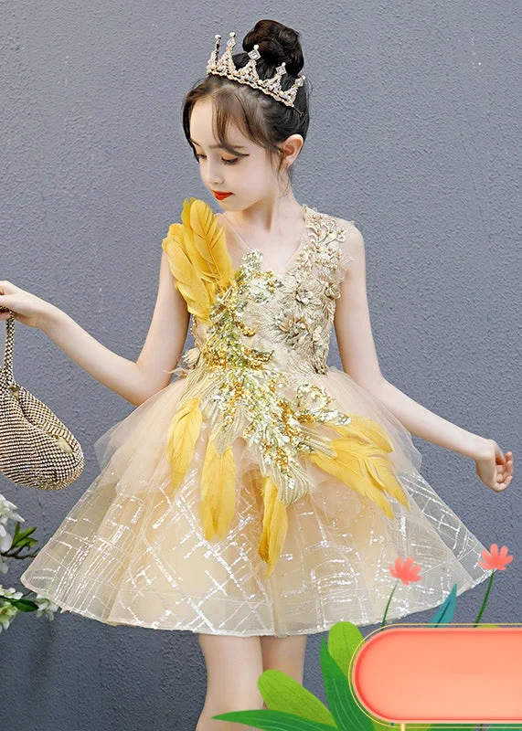 Clearance Event Fashion Gold V Neck Lace Patchwork Tulle Girls Mid Dress Sleeveless QV006 Clearance Event Fashion Gold V Neck Lace Patchwork Tulle Girls Mid Dress Sleeveless QV006