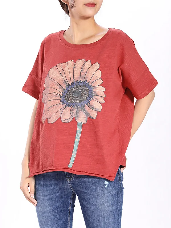 Amazing Deals Plus Size Short Sleeve Sunflower Printed T-shirt QW1052