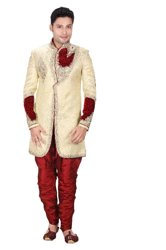 Overstock Modern Butter Cream Brocade Silk Indian Wedding Sherwani For Men