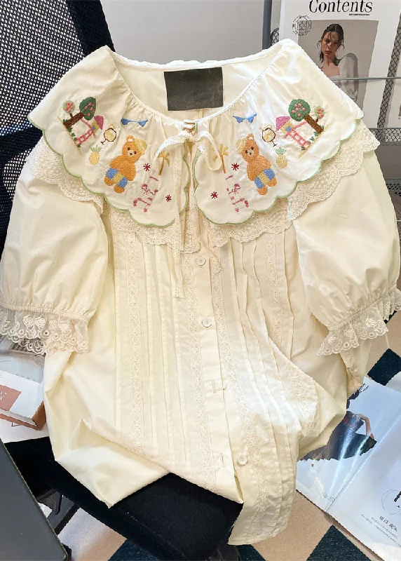 Don't Miss Cute Apricot Peter Pan Collar Embroidered Patchwork Cotton Shirts Summer WN019 Don't Miss Cute Apricot Peter Pan Collar Embroidered Patchwork Cotton Shirts Summer WN019