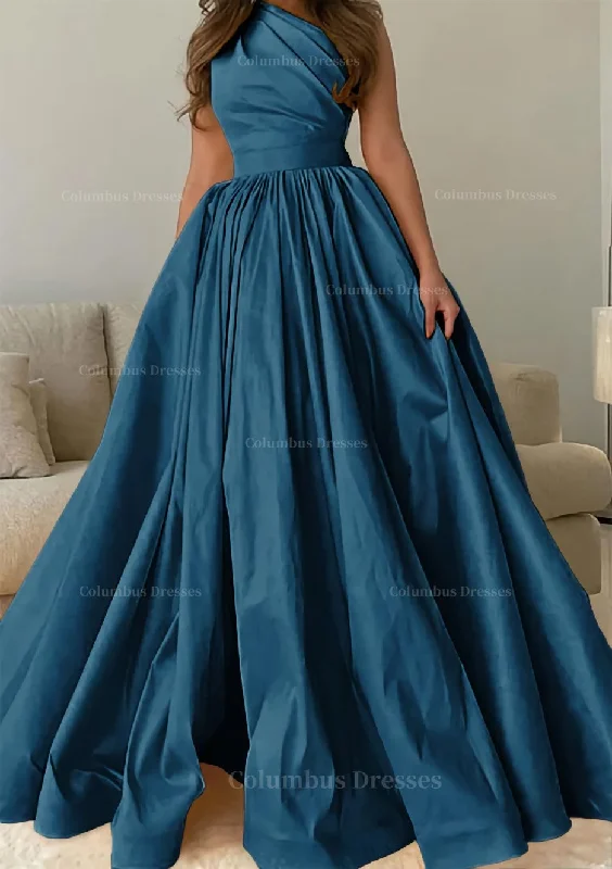 Best Bargains A-line One-Shoulder Sleeveless Sweep Train Satin Prom Dress with Pleated