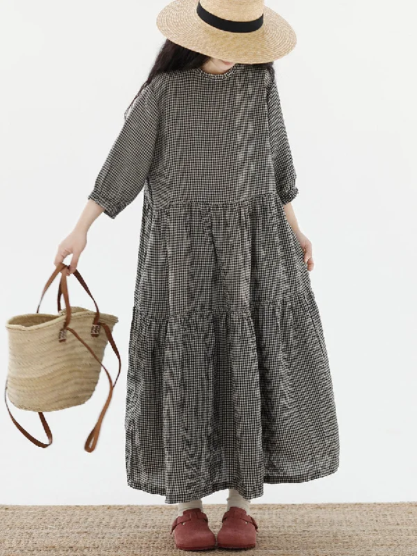 Bargain Prices Plus Size Women Artsy Plaid Spliced 100%Cotton Tiered Dress SC1064