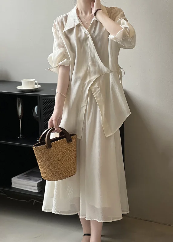 Deal Mania Elegant Beige Lace Up Shirts And Skirts Two Pieces Set Fall QE042