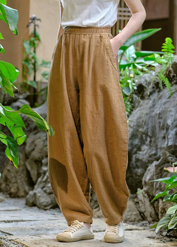 Final Clearance Casual Simple Yellow Pockets Elastic Waist Linen Pants Summer QK009