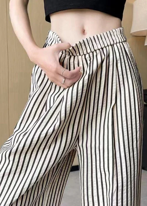 Super Sale French Striped Pockets Elastic Waist Cotton Pants Summer AC1024