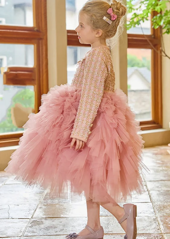 Value Deals DIY Pink O-Neck Tulle Kids Long Dress Winter RP048