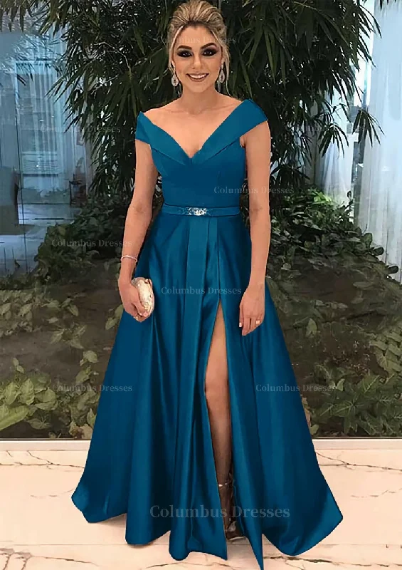 Buy More, Save More A-line/Princess V Neck Sleeveless Long/Floor-Length Satin Prom Dress With Split Beading