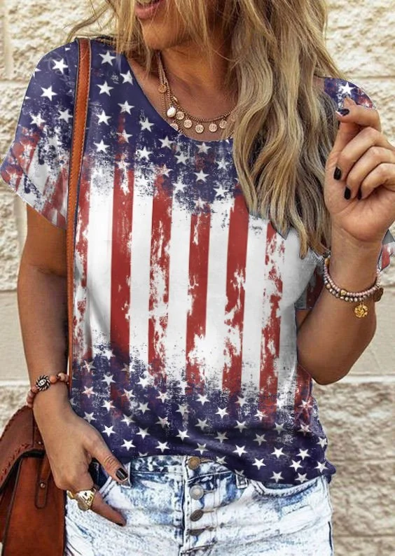 Savings Spectacular America Flag Casual Crew Neck T-Shirt  cc147