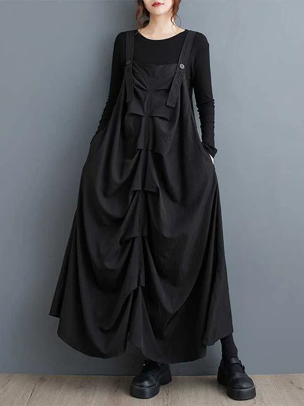 Amazing Deals Design Black Square Neck Ruffle Pocket A-Line Suspender Midi Dress WS003 Amazing Deals Design Black Square Neck Ruffle Pocket A-Line Suspender Midi Dress WS003
