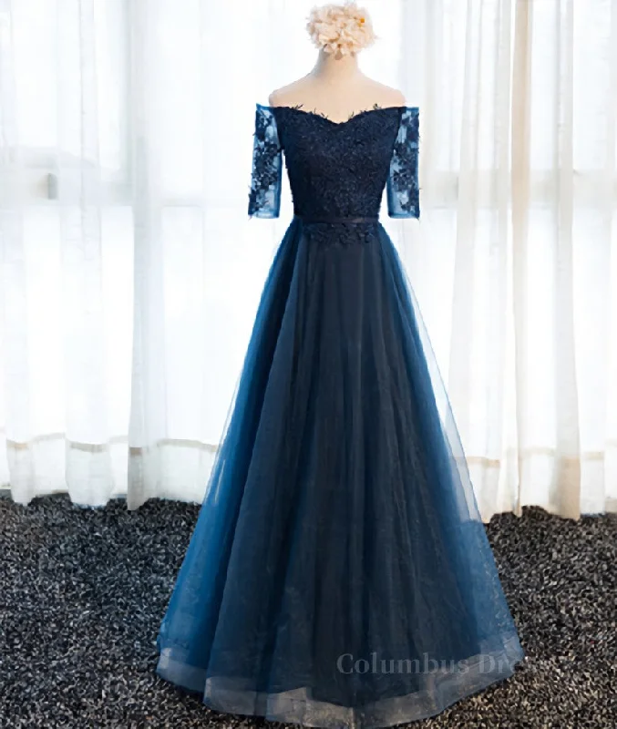 Quick Sale Navy Blue Half Sleeves Lace Long Corset Prom Dresses, Navy Blue Lace Corset Formal Dresses outfit Quick Sale Navy Blue Half Sleeves Lace Long Corset Prom Dresses, Navy Blue Lace Corset Formal Dresses outfit
