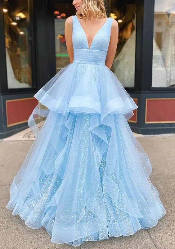 Doorbuster Deal A-line V Neck Sleeveless Long/Floor-Length Tulle Glitter Corset Prom Dress With Pleated Gowns Doorbuster Deal A-line V Neck Sleeveless Long/Floor-Length Tulle Glitter Corset Prom Dress With Pleated Gowns