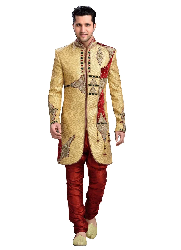 Final Markdown Modern Dark Cream Jacquard Silk Indian Wedding Sherwani For Men