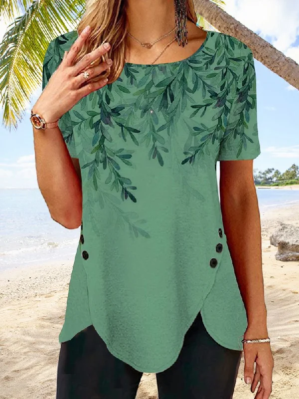 Weekend Deal JFN Women Round Neck Short Sleeve Leaf Print Buttoned Holiday Tunic T-Shirt  cc181