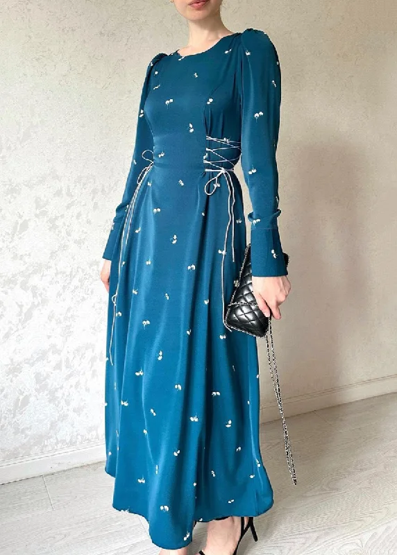 Sale Event French Blue Lace Up Print Cotton Long Dresses Fall WO047