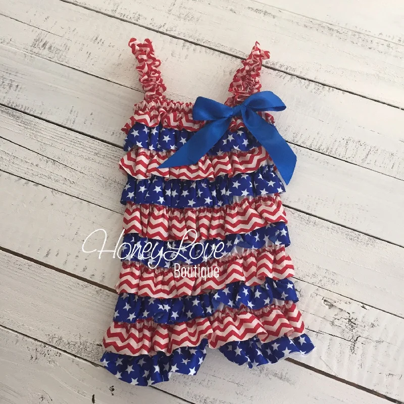 Crazy Savings Satin & Lace Petti Romper - Patriotic, Stars - Red, White and Blue