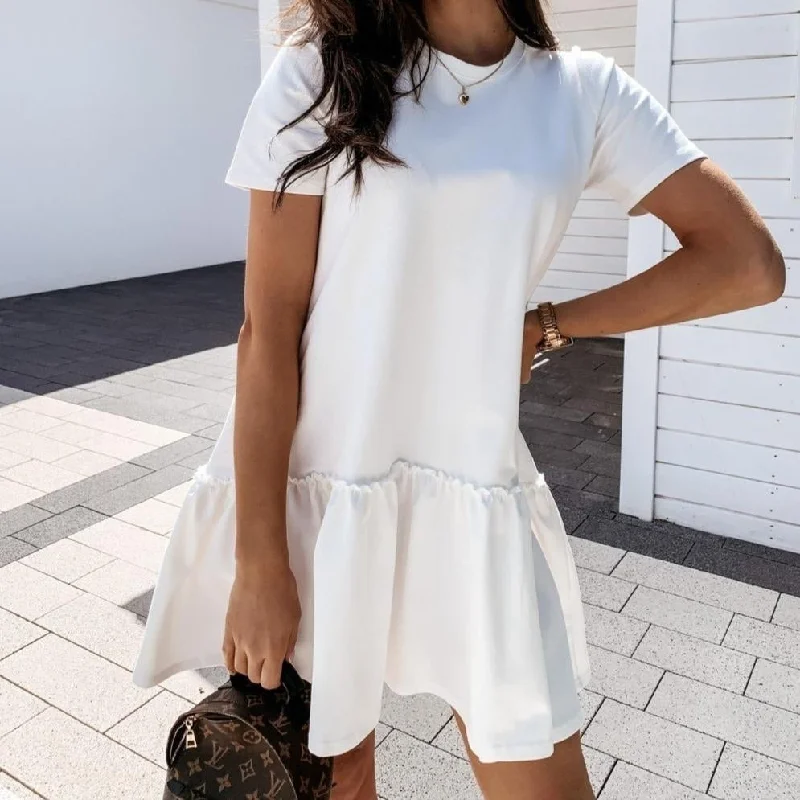 Referral Discount solid color short-sleeved loose round neck ruffle dress
