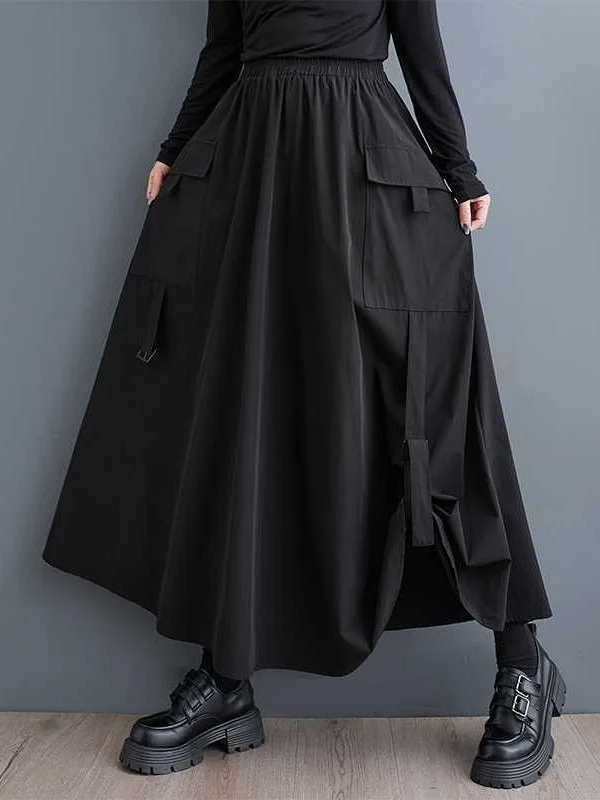 Early Access Sports Black Elasticity Pleated Pockets Split-Joint A-Line Skirt WS005