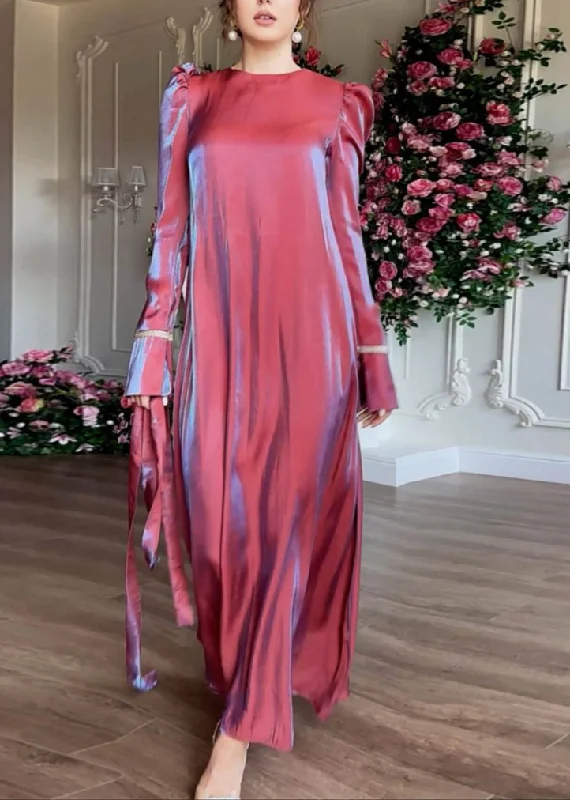 Online Exclusive Elegant Purple O Neck Silk Maxi Dress Fall WO050
