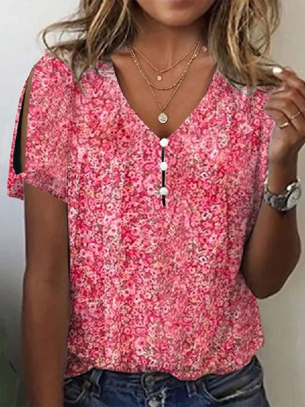 New Arrival V Neck Floral Buttoned Elegant T-Shirt  cc170