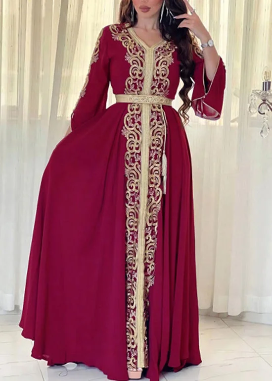 Low Prices Boho Loose Mulberry Embroidered Patchwork Chiffon Maxi Dress Fall QL042