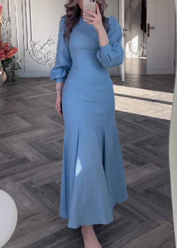 Price Drop Slim Fit Blue Original Design Solid Cotton Dress Fall QL009