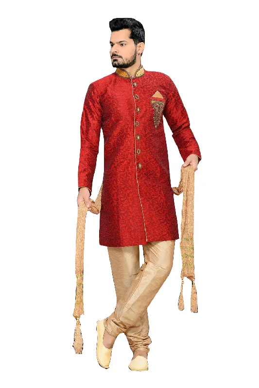 Final Sale Elegant Red Jacquard Silk Indian Wedding Sherwani For Men