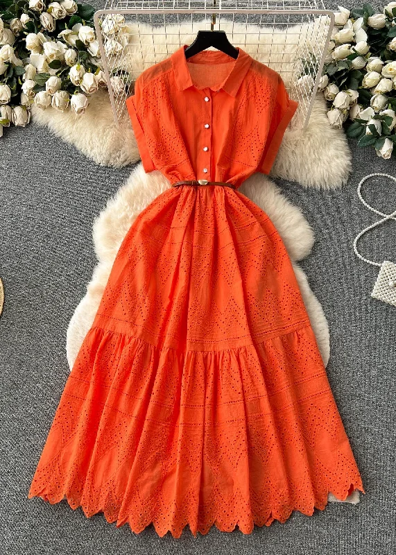 New Deals Classy Orange Peter Pan Collar Button Hollow Out Cotton Shirt Dresses Summer TR054