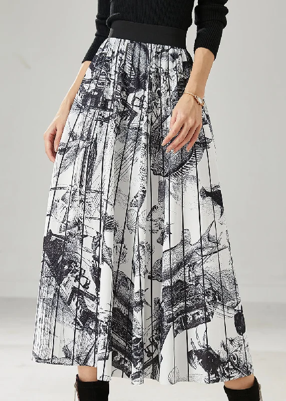 Hurry In White Print Chiffon Pleated Skirts Elastic Waist Summer AZ1049